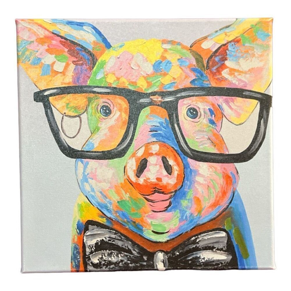 JAPO ART Happy pig with Glasses Funny Colorful Animal Hand Painted Oil Painting